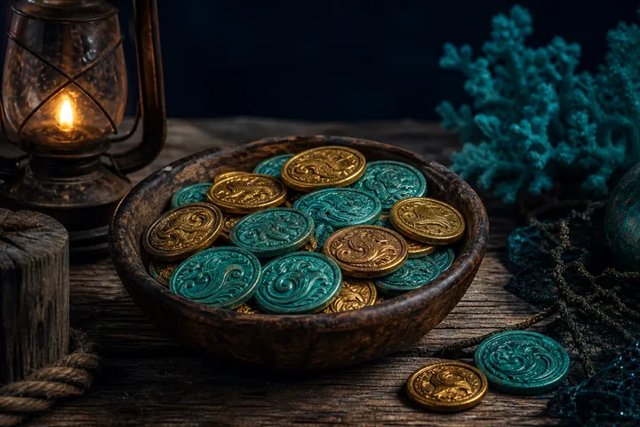 Wooden bowl filled with glowing Current Coins on a pier table at sunset