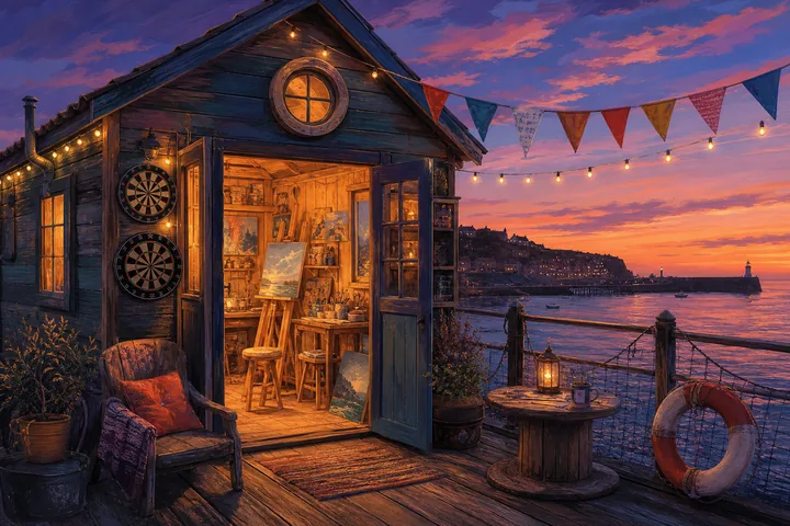 Courants Darts pier studio shack glowing at dusk with dart boards and carnival lights