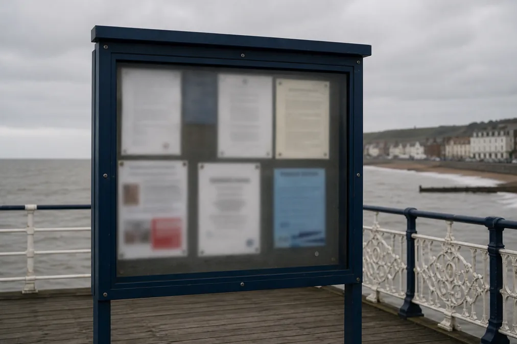 Legal notice board on the pier