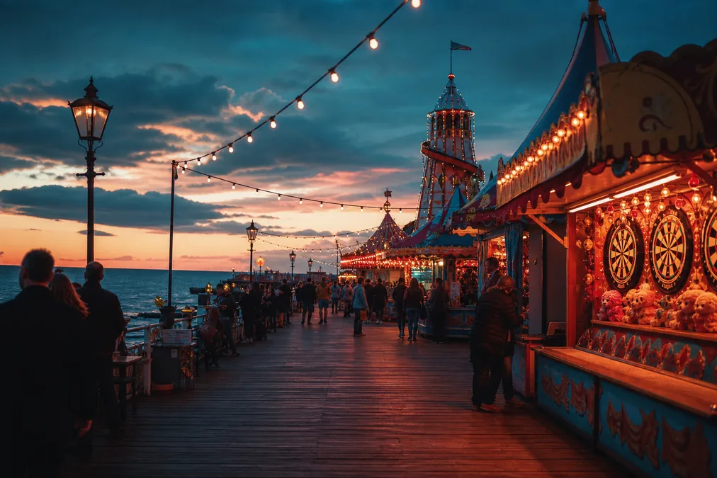 Lively pier boardwalk with carnival games at dusk