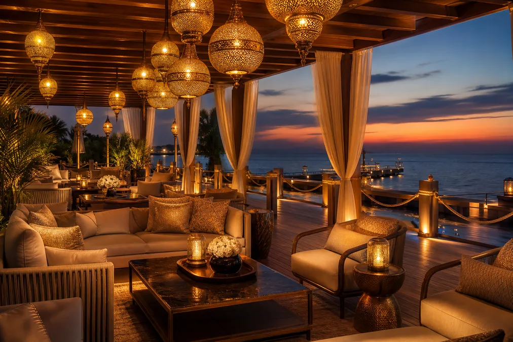 VIP pier lounge with golden lanterns and sea view