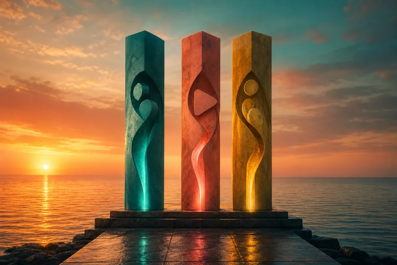 Three pillars of the Courants Darts mission at sunset pier