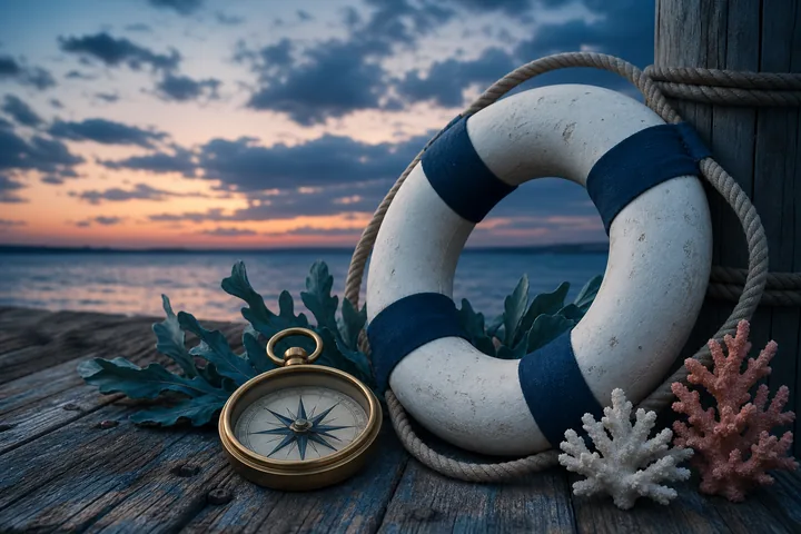 Life ring and compass for safe play on the pier